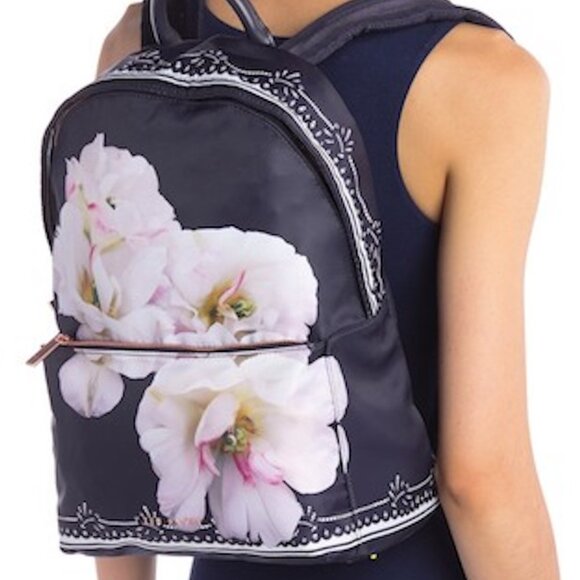 TED BAKER London Floral Nylon Backpack Midnight Navy Dark Blue Rose Gold Tone - Picture 1 of 7